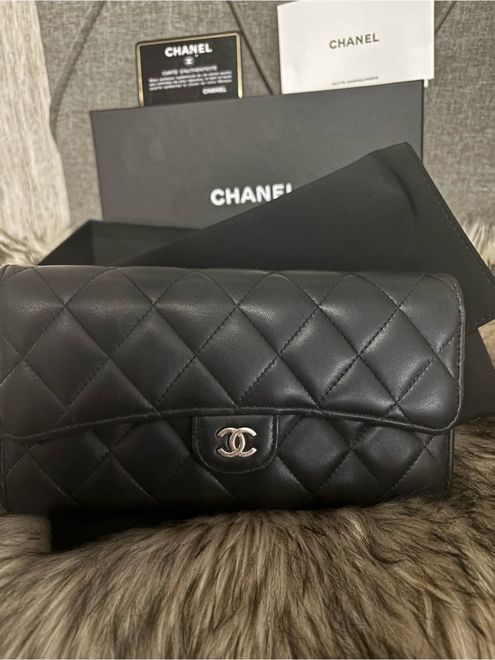 Chanel lambskinLeather long wallet- Black w/ silver hardware